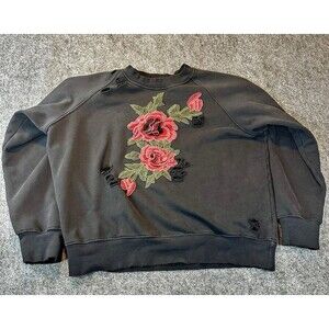 Emma & Sam Distressed Rose Sweatshirt WMNS M Black Graphic Grunge Streetwear